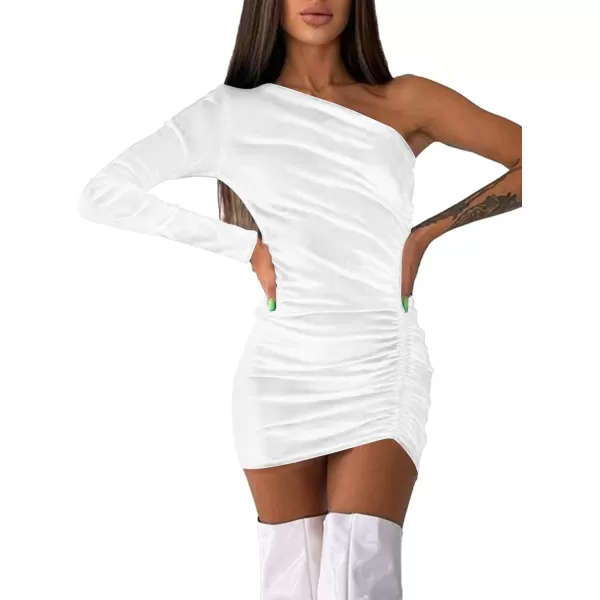 LYANER Women's Velvet One Shoulder Ruched Long Sleeve Drawstring Bodycon Mini Dress