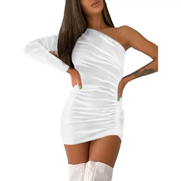 LYANER Women's Velvet One Shoulder Ruched Long Sleeve Drawstring Bodycon Mini Dress
