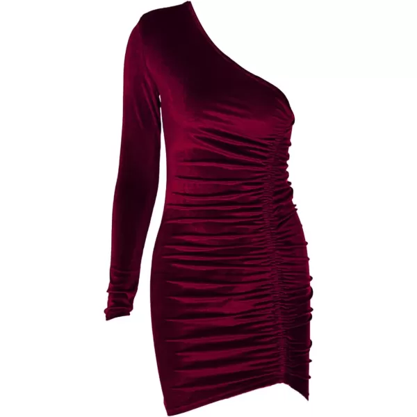 LYANER Women's Velvet One Shoulder Ruched Long Sleeve Drawstring Bodycon Mini Dress