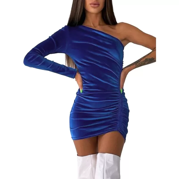 LYANER Women's Velvet One Shoulder Ruched Long Sleeve Drawstring Bodycon Mini Dress