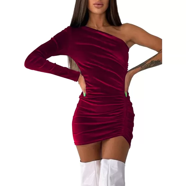 LYANER Women's Velvet One Shoulder Ruched Long Sleeve Drawstring Bodycon Mini Dress