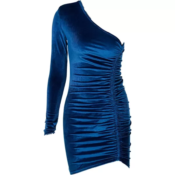 LYANER Women's Velvet One Shoulder Ruched Long Sleeve Drawstring Bodycon Mini Dress