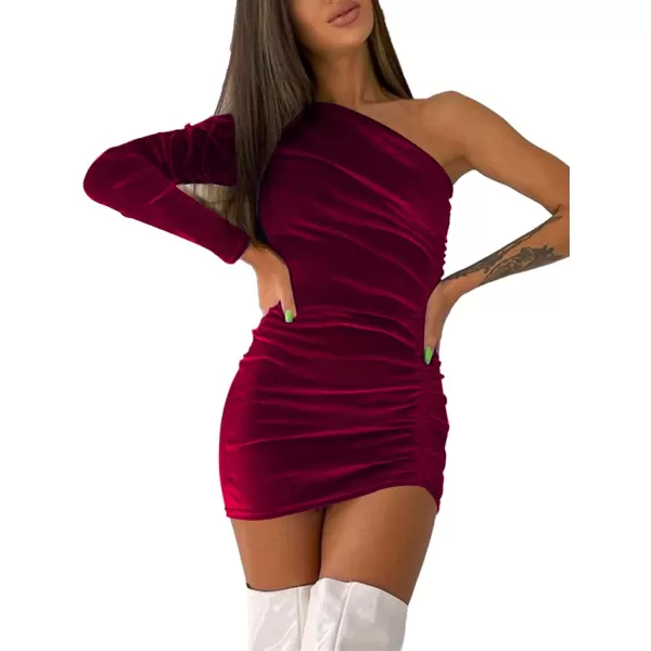 LYANER Women's Velvet One Shoulder Ruched Long Sleeve Drawstring Bodycon Mini Dress