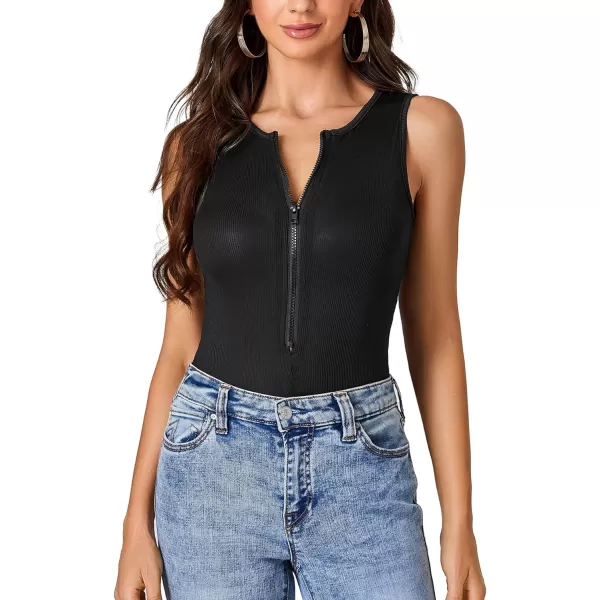 LYANER Women's Zipper Crewneck Sleeveless Knit Ribbed Slim Bodysuit Tank Tops Shirt
