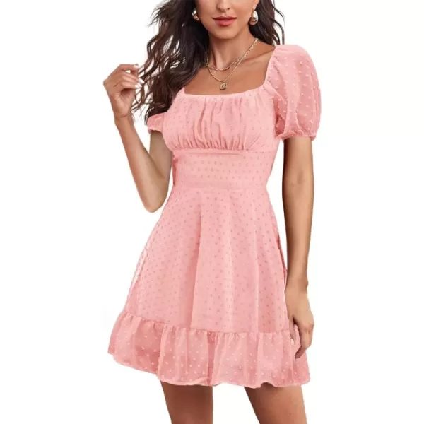 LYANER Women' Swiss Dots Square Neck Ruffle Hem Short Sleeve Elegant Mini Dress