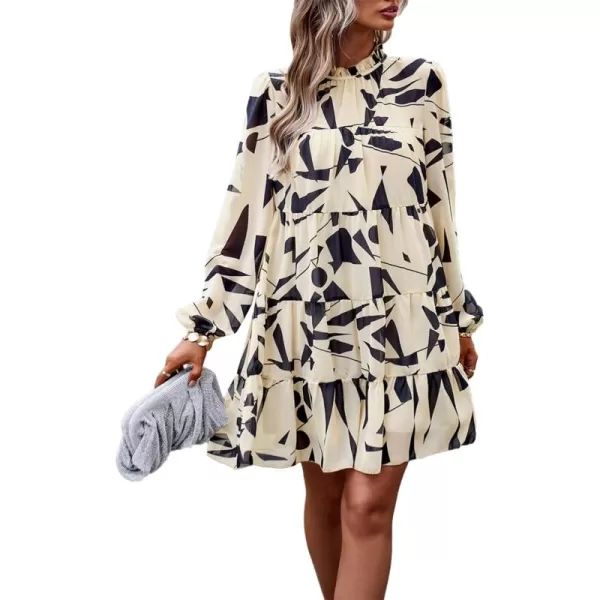 LYANER Women's 2023 Fall Dress Mock Neck Pleated Long Sleeve Floral Print Tiere Ruffle Babydoll Mini Short Dresses
