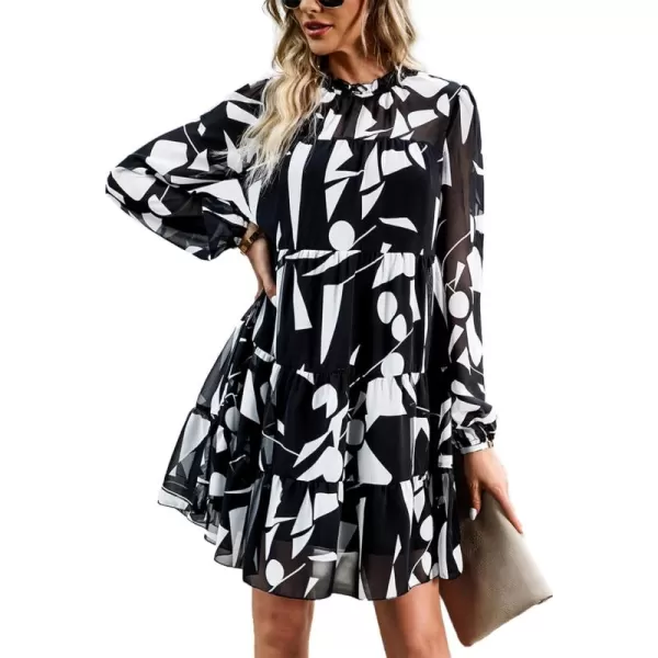 LYANER Women's 2023 Fall Dress Mock Neck Pleated Long Sleeve Floral Print Tiere Ruffle Babydoll Mini Short Dresses