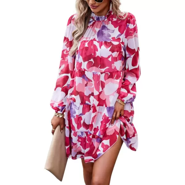 LYANER Women's 2023 Fall Dress Mock Neck Pleated Long Sleeve Floral Print Tiere Ruffle Babydoll Mini Short Dresses