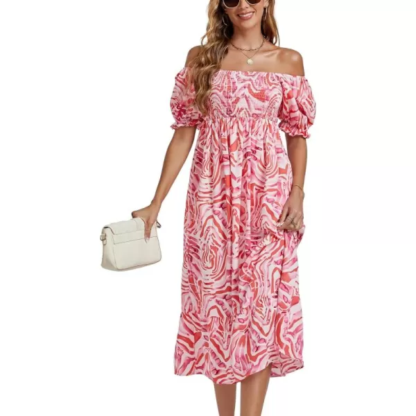 LYANER Women's Boho Floral Print Off Shoulder Shirred Short Sleeve A Line Flowy Beach Party Midi Dress
