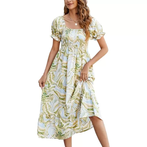 LYANER Women's Boho Floral Print Off Shoulder Shirred Short Sleeve A Line Flowy Beach Party Midi Dress