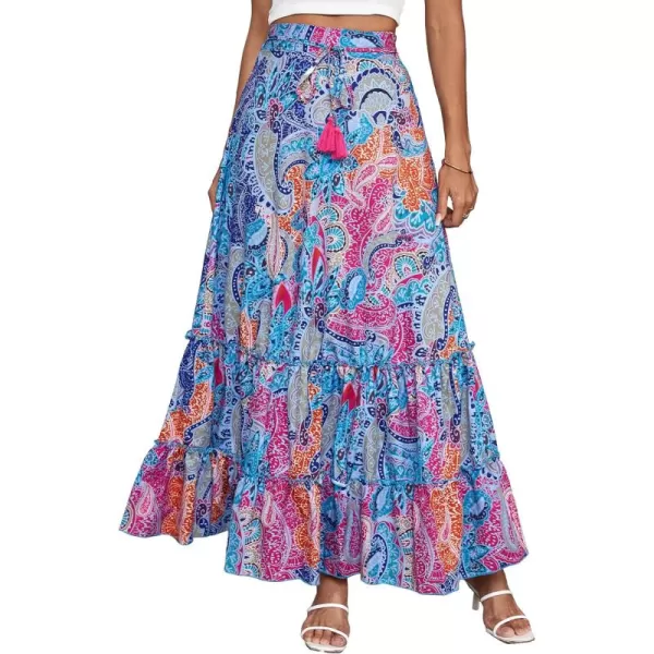 LYANER Women's Boho Print Ruched Tiered Ruffle Hem High Waisted Long Maxi Skirt