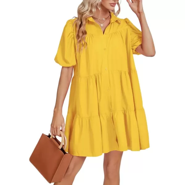 LYANER Women's Callor Button Down Puff Short Sleeve Ruffle Hem Loose Babydoll Mini Dress