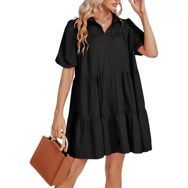 LYANER Women's Callor Button Down Puff Short Sleeve Ruffle Hem Loose Babydoll Mini Dress