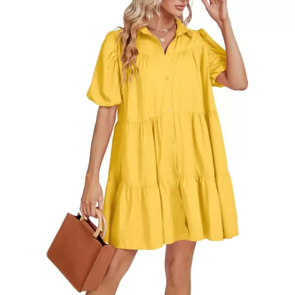 LYANER Women's Callor Button Down Puff Short Sleeve Ruffle Hem Loose Babydoll Mini Dress