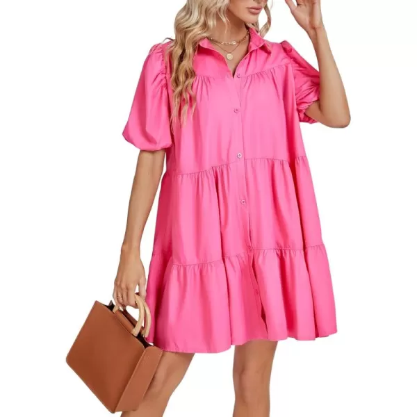 LYANER Women's Callor Button Down Puff Short Sleeve Ruffle Hem Loose Babydoll Mini Dress