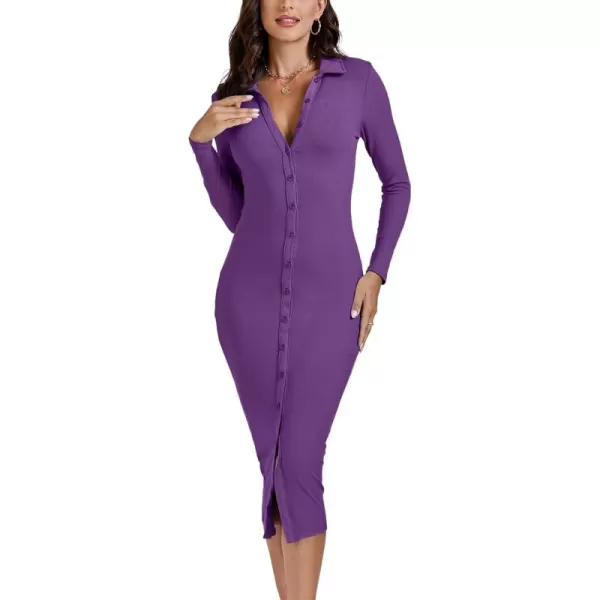 LYANER Women's Casual Ribbed Knit Button Down Collar V Neck Long Sleeve Bodycon Midi Dress