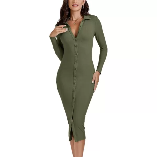 LYANER Women's Casual Ribbed Knit Button Down Collar V Neck Long Sleeve Bodycon Midi Dress