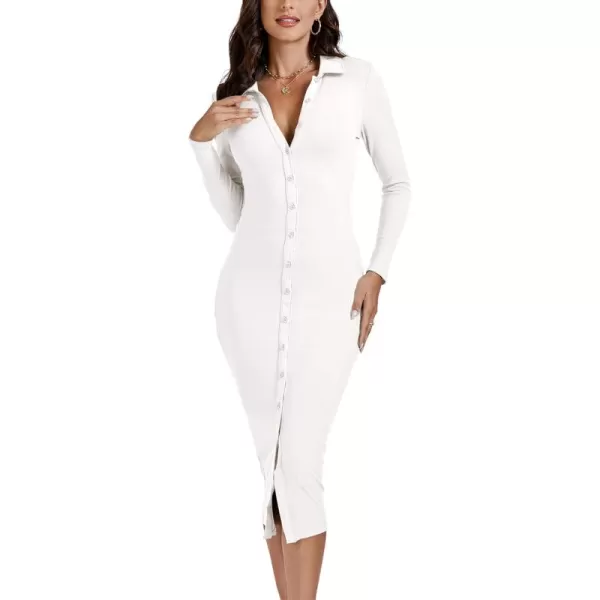 LYANER Women's Casual Ribbed Knit Button Down Collar V Neck Long Sleeve Bodycon Midi Dress