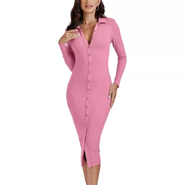 LYANER Women's Casual Ribbed Knit Button Down Collar V Neck Long Sleeve Bodycon Midi Dress