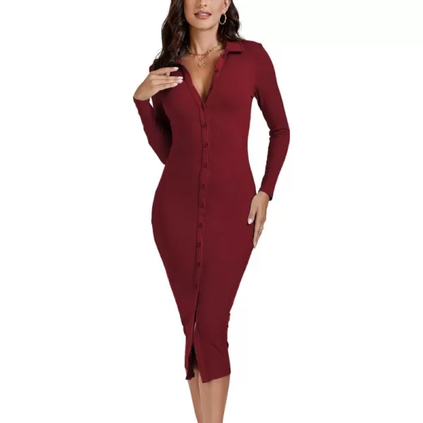 LYANER Women's Casual Ribbed Knit Button Down Collar V Neck Long Sleeve Bodycon Midi Dress