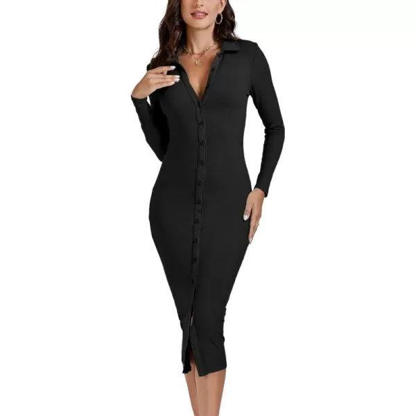 LYANER Women's Casual Ribbed Knit Button Down Collar V Neck Long Sleeve Bodycon Midi Dress
