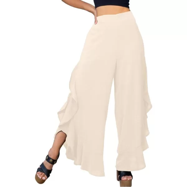LYANER Women's Casual Ruffle Side Split Elastic High Waist Wide Long Pants Trouser
