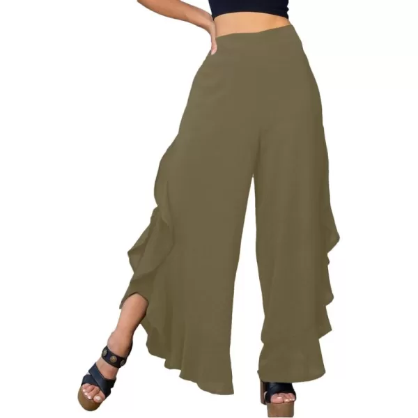 LYANER Women's Casual Ruffle Side Split Elastic High Waist Wide Long Pants Trouser