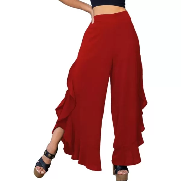 LYANER Women's Casual Ruffle Side Split Elastic High Waist Wide Long Pants Trouser