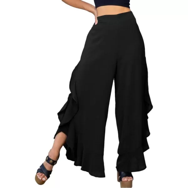 LYANER Women's Casual Ruffle Side Split Elastic High Waist Wide Long Pants Trouser