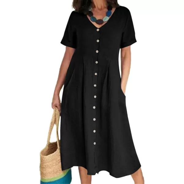 LYANER Women's Casual V Neck Buttons Down Front Short Sleeve Loose Fit Midi Dress with Pockets