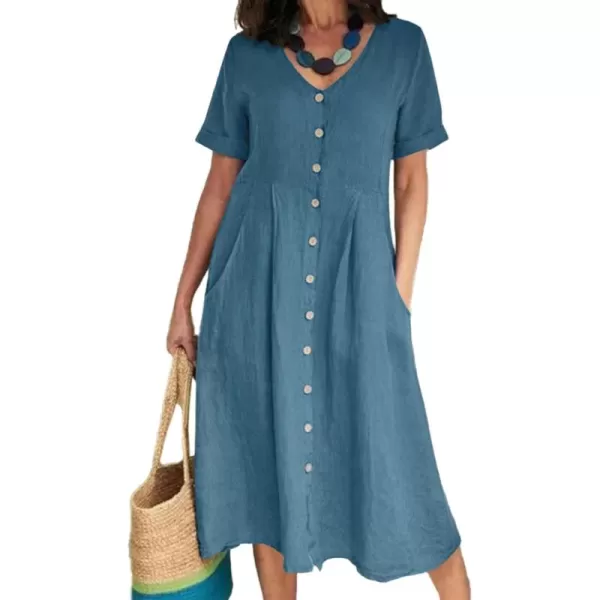 LYANER Women's Casual V Neck Buttons Down Front Short Sleeve Loose Fit Midi Dress with Pockets