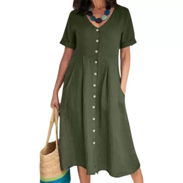 LYANER Women's Casual V Neck Buttons Down Front Short Sleeve Loose Fit Midi Dress with Pockets