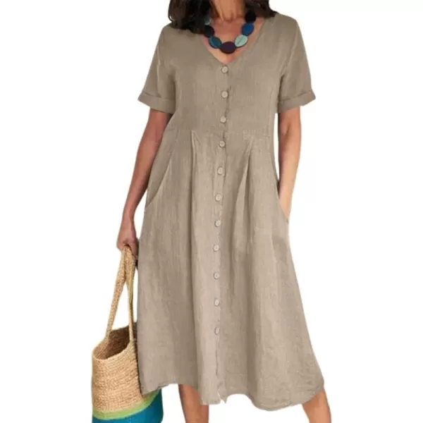 LYANER Women's Casual V Neck Buttons Down Front Short Sleeve Loose Fit Midi Dress with Pockets