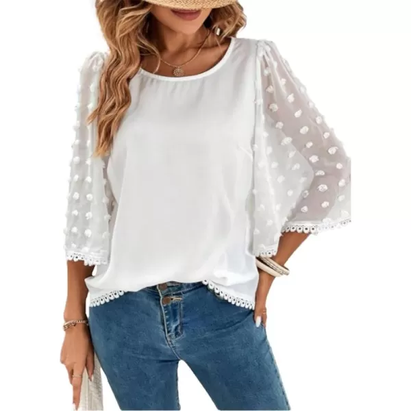 LYANER Women's Causal 3/4 Pom Pom Sleeve Shirt Top Crewneck Lace Bell Sleeve Loose Blouses