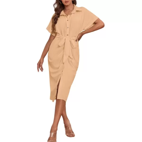 LYANER Women's Collar Button Down Ruched Self Tie Short Sleeve Midi Dress