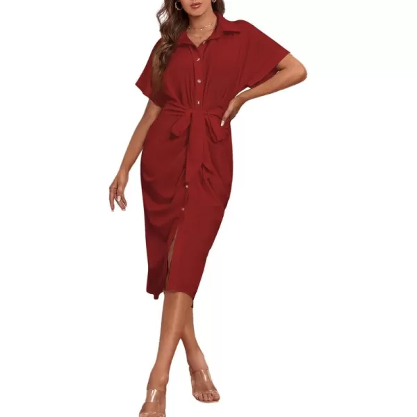 LYANER Women's Collar Button Down Ruched Self Tie Short Sleeve Midi Dress