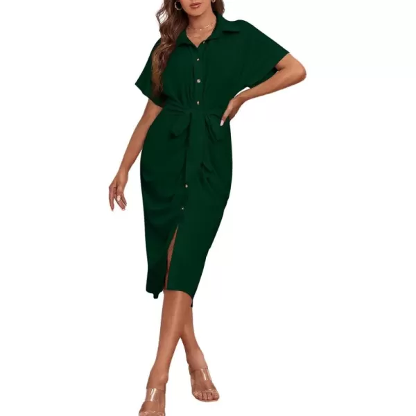 LYANER Women's Collar Button Down Ruched Self Tie Short Sleeve Midi Dress