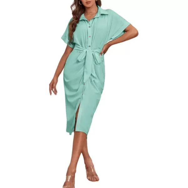 LYANER Women's Collar Button Down Ruched Self Tie Short Sleeve Midi Dress