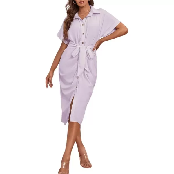 LYANER Women's Collar Button Down Ruched Self Tie Short Sleeve Midi Dress