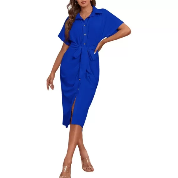 LYANER Women's Collar Button Down Ruched Self Tie Short Sleeve Midi Dress