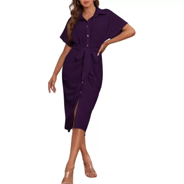 LYANER Women's Collar Button Down Ruched Self Tie Short Sleeve Midi Dress