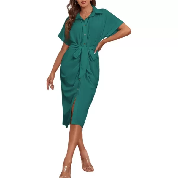 LYANER Women's Collar Button Down Ruched Self Tie Short Sleeve Midi Dress