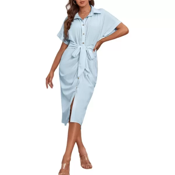 LYANER Women's Collar Button Down Ruched Self Tie Short Sleeve Midi Dress
