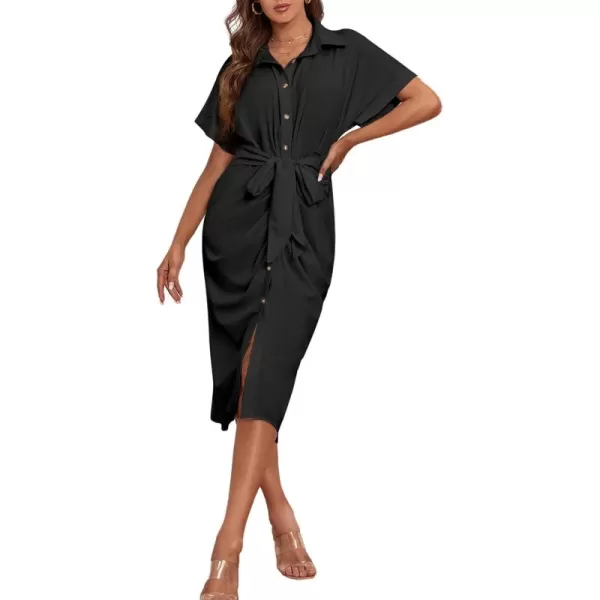 LYANER Women's Collar Button Down Ruched Self Tie Short Sleeve Midi Dress