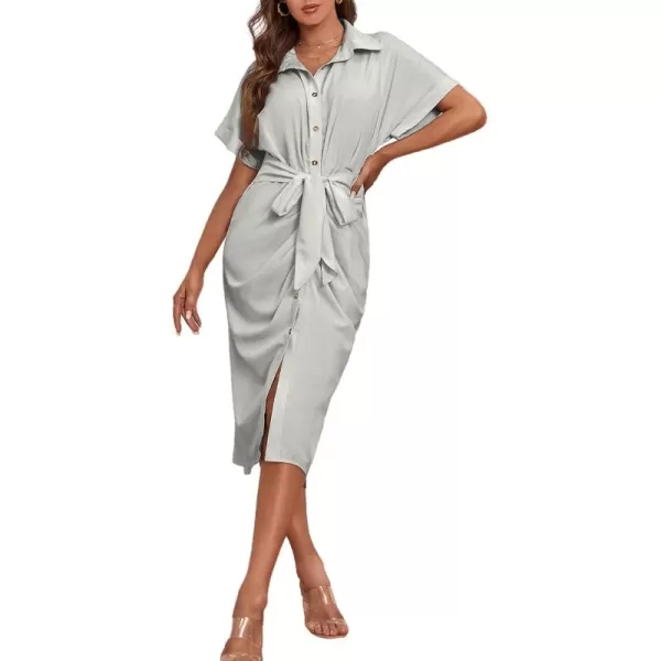 LYANER Women's Collar Button Down Ruched Self Tie Short Sleeve Midi Dress