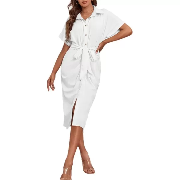 LYANER Women's Collar Button Down Ruched Self Tie Short Sleeve Midi Dress