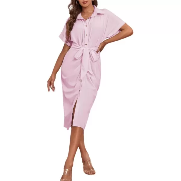 LYANER Women's Collar Button Down Ruched Self Tie Short Sleeve Midi Dress