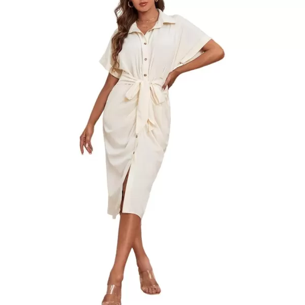 LYANER Women's Collar Button Down Ruched Self Tie Short Sleeve Midi Dress