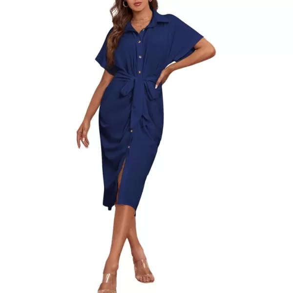 LYANER Women's Collar Button Down Ruched Self Tie Short Sleeve Midi Dress