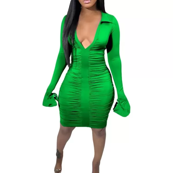 LYANER Women's Collar Low Cut V Neck Ruched Long Sleeve Bodycon Club Mini Dress